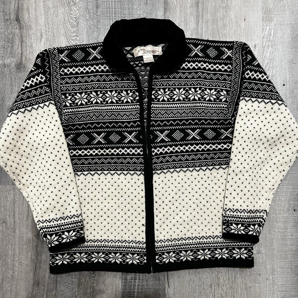 Vintage Norm Thompson Merino Wool Nordic Full Zip Sweater Black/White Sz S